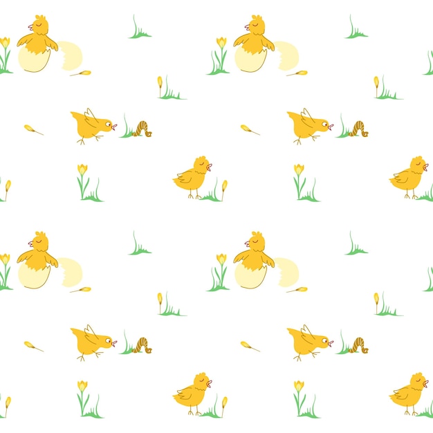 Шаблон забавных желтых цыплят Домашние животные Рисованная иллюстрация Повторите фон для обоев