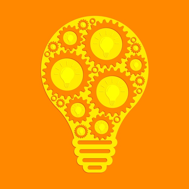 Vector pattern of gears on the background of a yellow lamp flat vector illustration solving problems