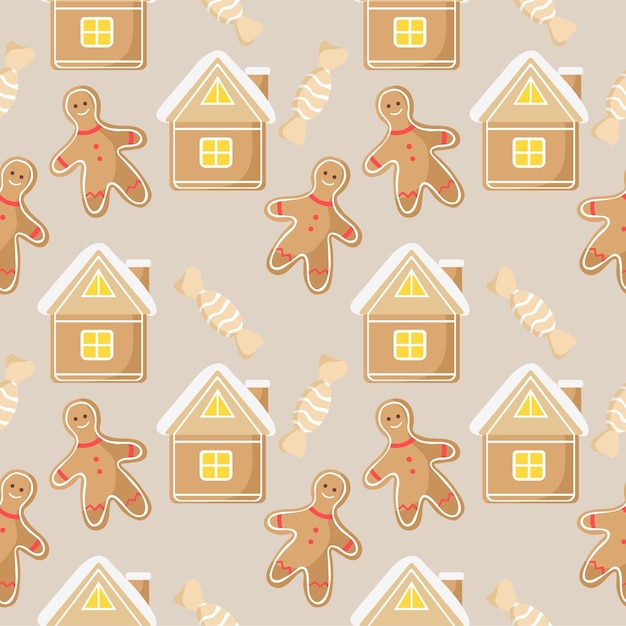 Pattern of gingerbread and candy. Cartoon illustration. Winter. Cookie. Traditional. Vector texture.