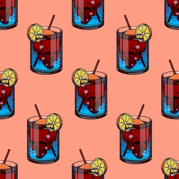 A pattern of glasses with a blue drink in which there is a skull for printing and decoration of holidays and parties vector illustration