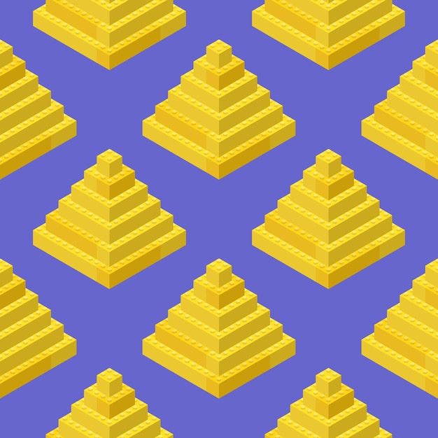 Vector a pattern of golden pyramids assembled from plastic blocks in isometric style for printing and decoration vector illustration