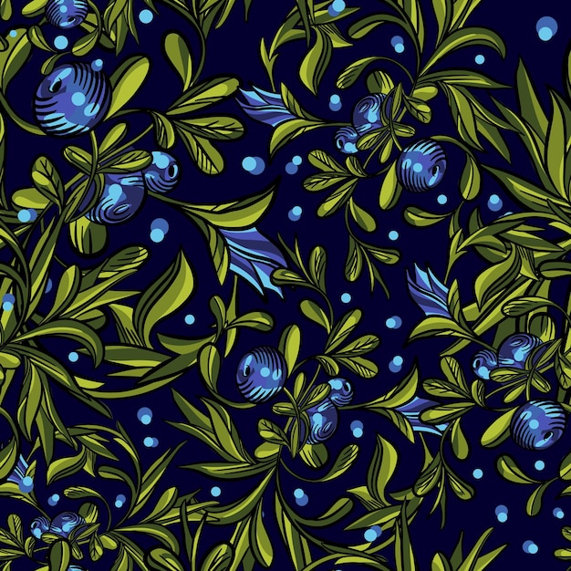 Pattern of green leaves and blue berries