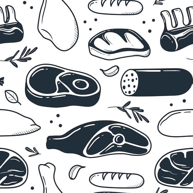 Vector pattern of hand drawn meat products illustration drawn in doodle style