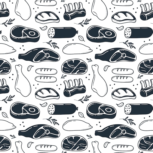 Vector pattern of hand drawn meat products illustration drawn in doodle style