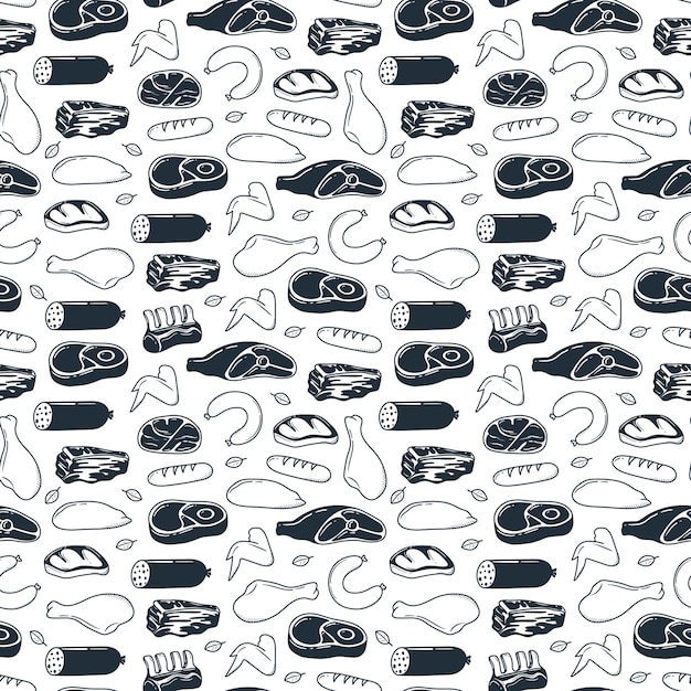 Pattern of hand drawn meat products illustration drawn in doodle style