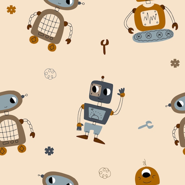 Modello di robot bambino felice divertente cartone animato salutando carino baby cyborg retrò futuristici robot moderni android personaggi sorridenti in illustrazione vettoriale piatto isolato su sfondo bianco