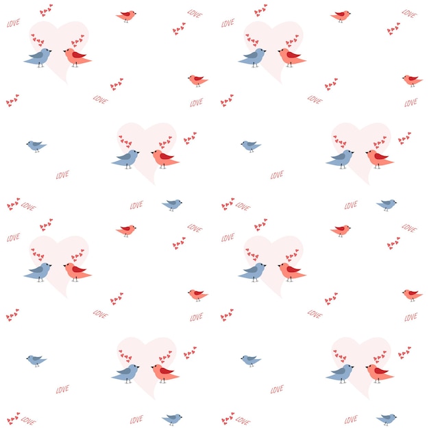 Pattern for a holiday of love with a pair of birds and hearts. Vector illustration