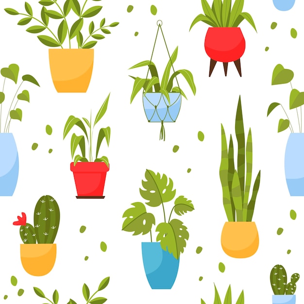 Vector pattern of home plants in pots cartoon style