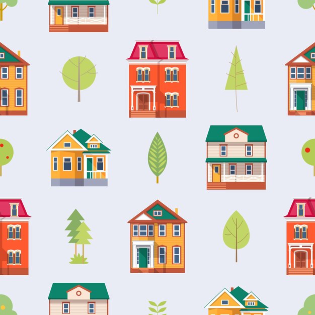 Pattern of houses with trees a card for kids games Vector illustration