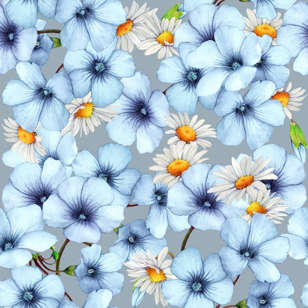 Pattern illustration of light blue sorrel and daisies