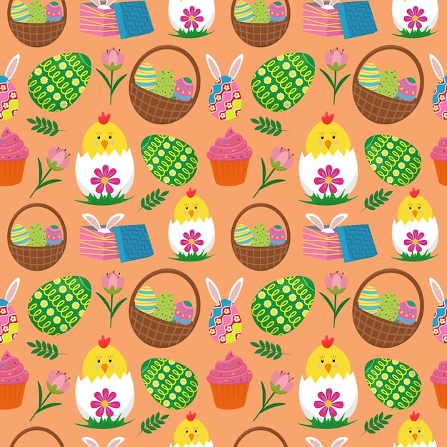 Pattern image for happy easter holiday with elements of eggs flowers rabbit in a box eggs in a basket and chick