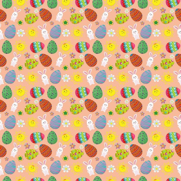 Vector pattern image for happy easter holiday with elements of eggs rabbit flowers and sun
