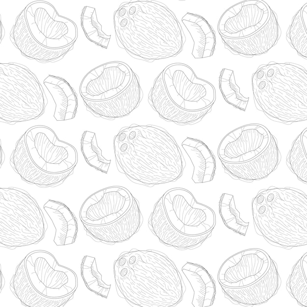 Pattern is whole and pieces of coconut on white background.