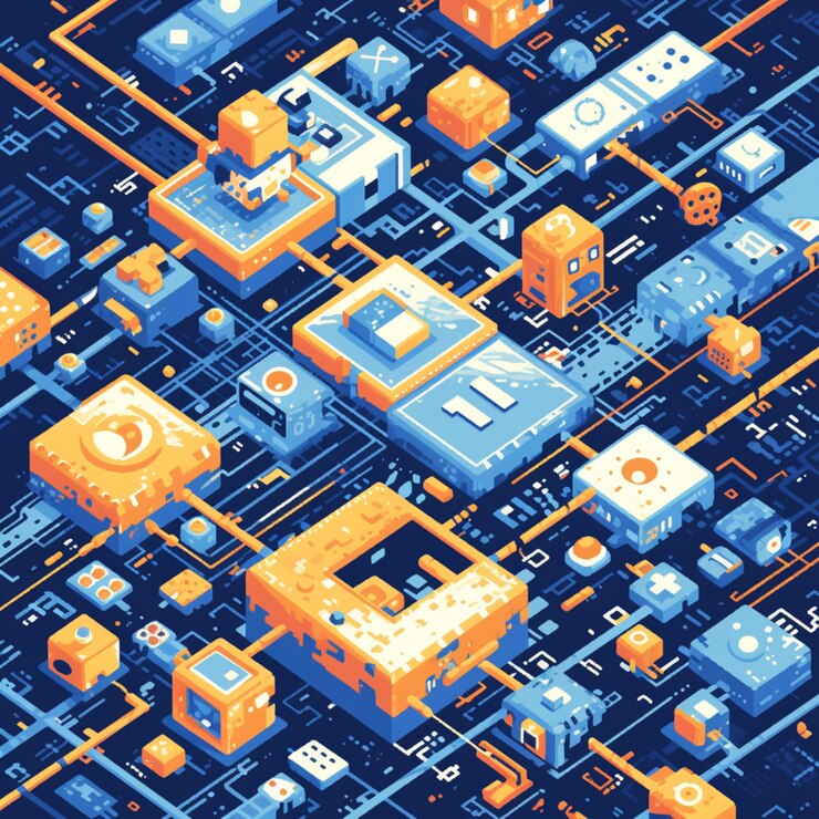 Vector pattern isometric digital city futuristic pixel art landscape with neon glow