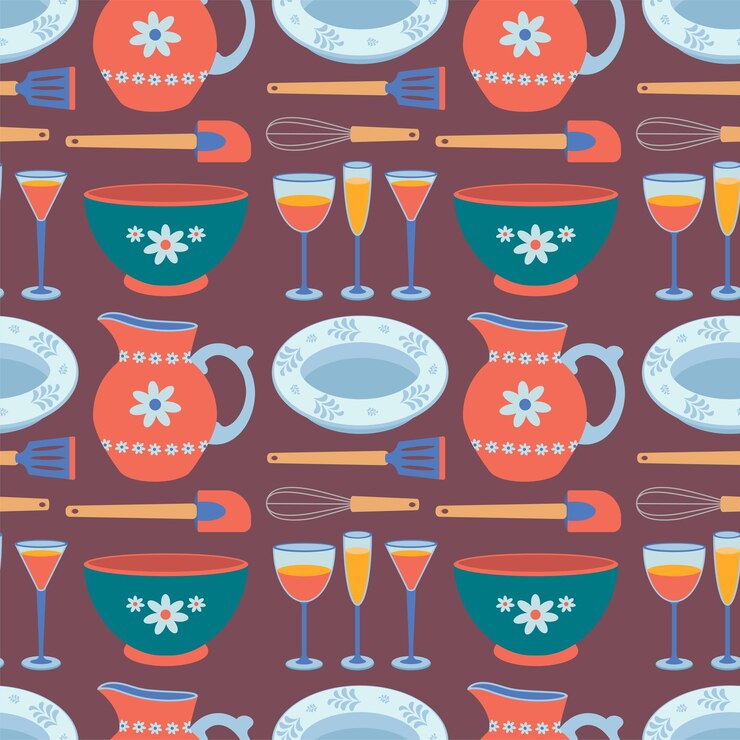 Vector pattern of kitchen utensils whisk plate bowl wine glasses spatula