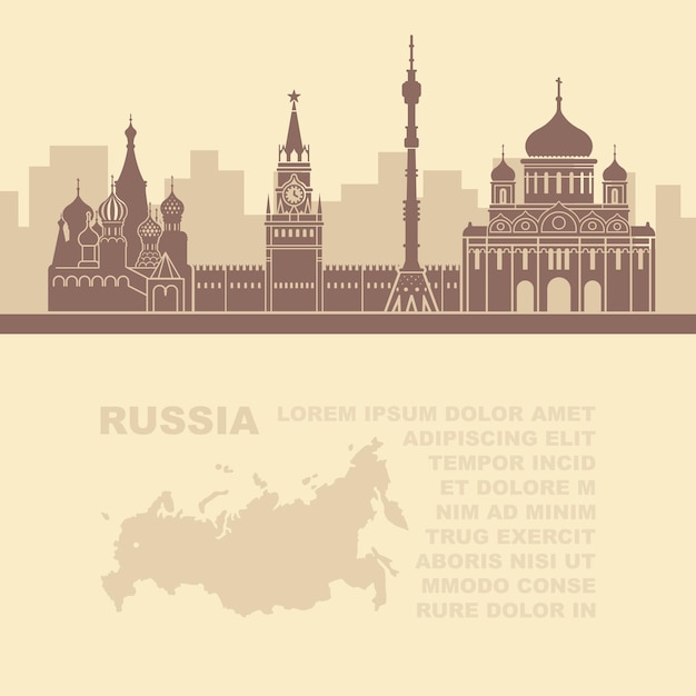 Вектор Шаблоны листовок с картой россии и архитектурными достопримечательностями москвы
