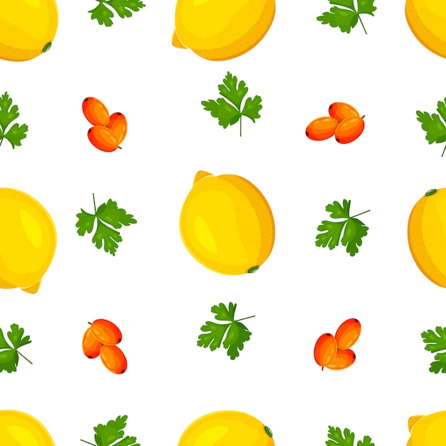 Pattern of lemons and sea buckthorn. Seamless vector pattern with lemons sea buckthorn. Vector illustration