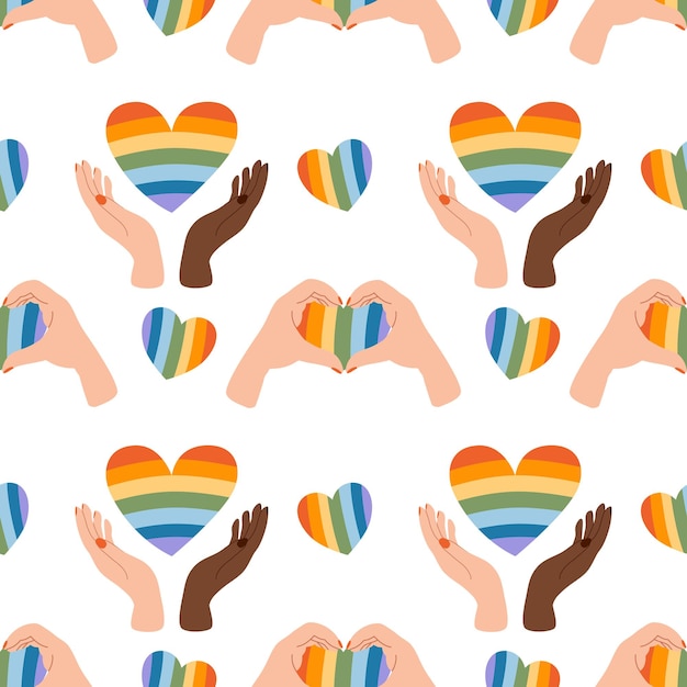 LGBTQコミュニティシンボルのパターンは、虹のクリップアート要素を持つレトロなプライド月の雰囲気