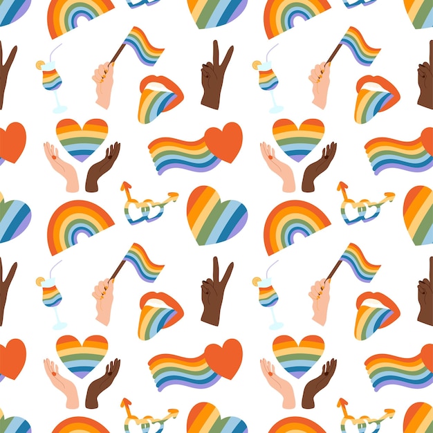 LGBTQコミュニティシンボルのパターンは、虹のクリップアート要素を持つレトロなプライド月の雰囲気