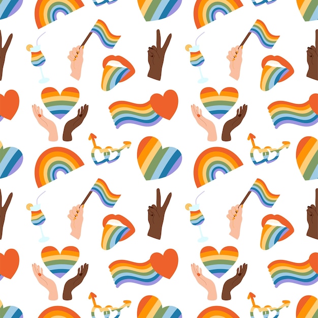 LGBTQコミュニティシンボルのパターンは、虹のクリップアート要素を持つレトロなプライド月の雰囲気
