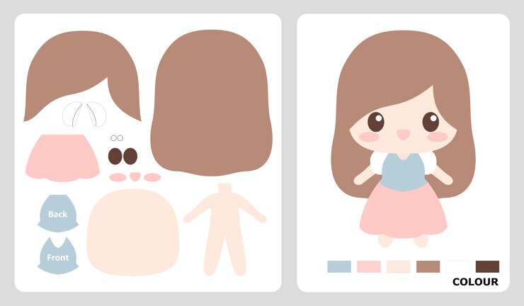 A pattern of little girls with pastel colored for applique patchwork and paper crafts cut and paste