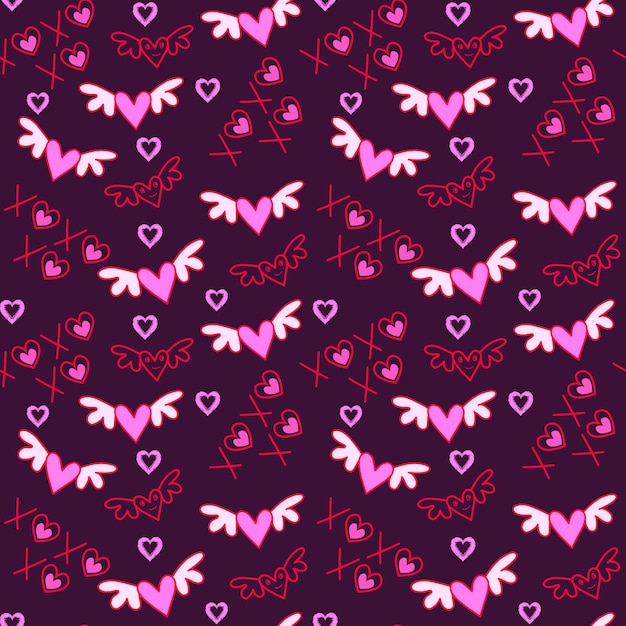 Vector pattern love wings with cute cartoon doodles on dark background