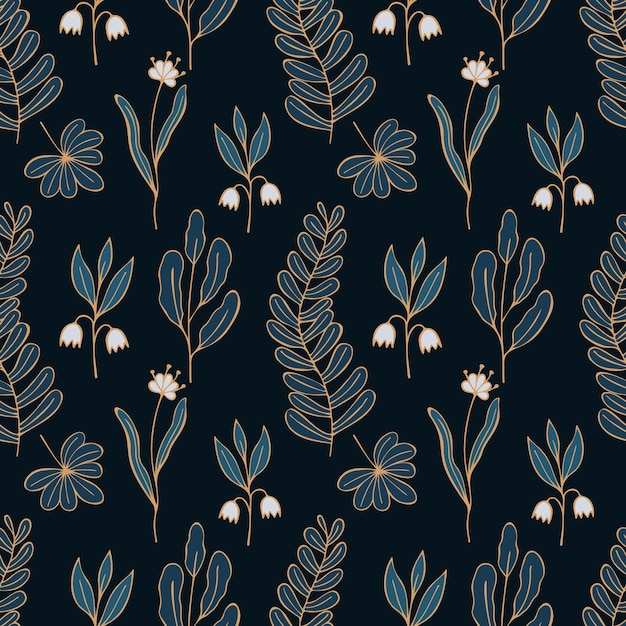 Pattern luxury flowers doodle blue and gold color on dark background.