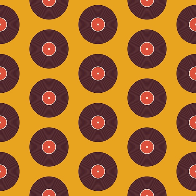 Pattern music vinyl disc over yellow. flat style vector seamless texture background. musical template. retro vintage vinyl record