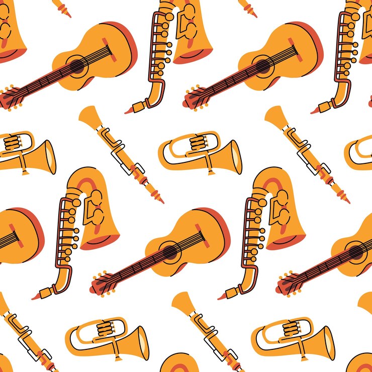 Vector pattern musical instruments colored flat illustrations guitar saxophone flute pipe in yellow colors