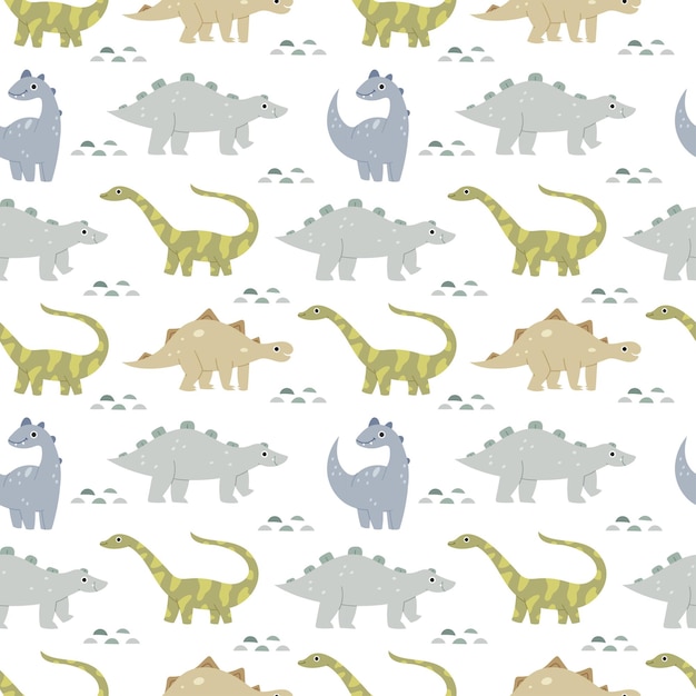Pattern in the nursery with cute dinosaurs jurassic reptiles pastel colors brachiosaurus ptereos