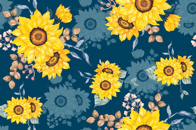 Вектор Шаблон цветущих цветов подсолнуха с акварелью для ткани и обоевботанический фон