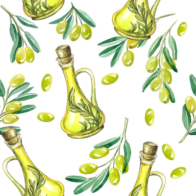 Pattern olives olive oil products food watercolor