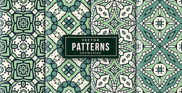 Pattern ornament style green and white set of four. seamless background set