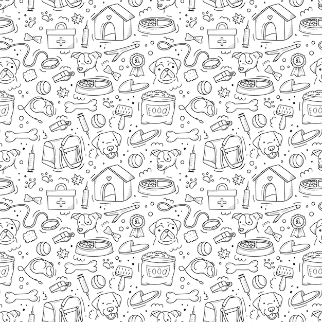 Pattern of pet products elements drawn in handstyle doodle