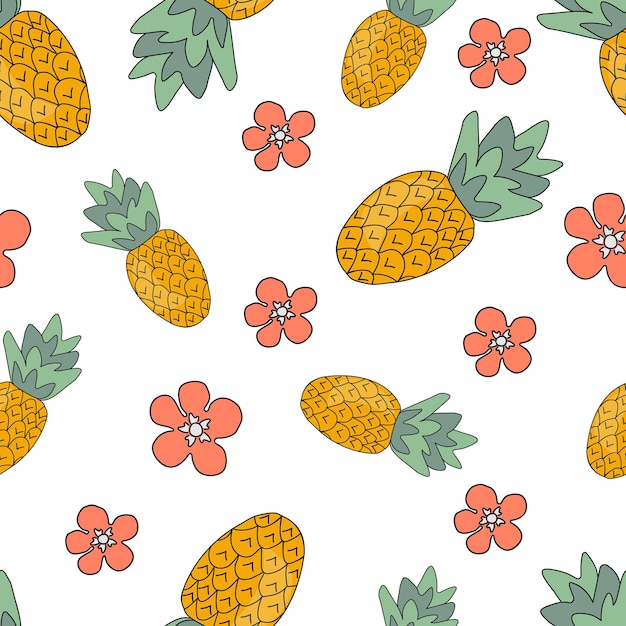 Pattern of pineapples and pink flowers on gray