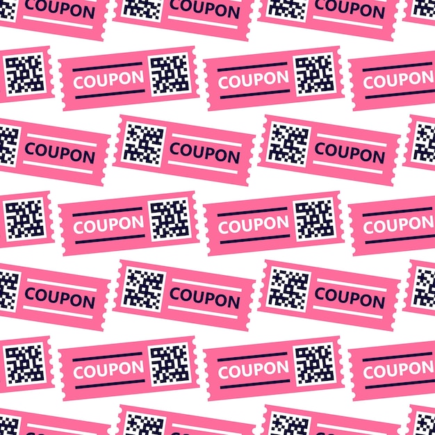 Pattern of pink coupons with QR code on white background