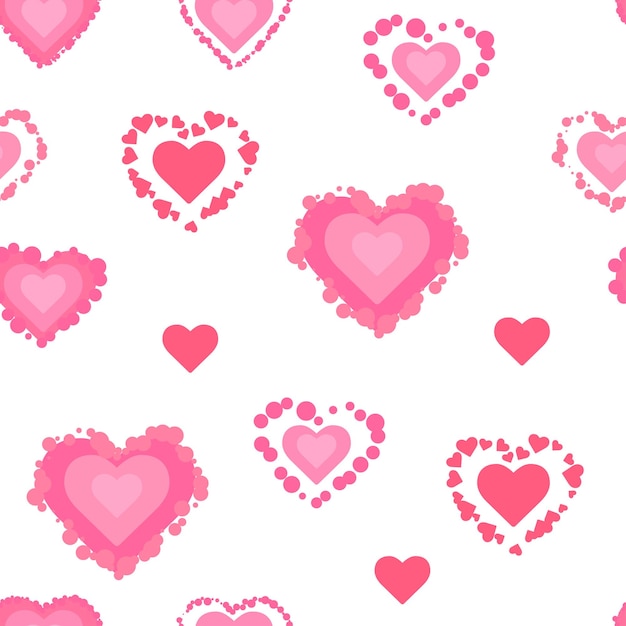 Pattern, pink hearts on the white background, seamless texture. Vector illustration.