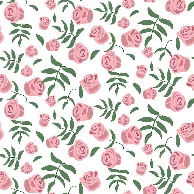 A pattern of pink rose buds with green twigs on a white background Delicate background for printing