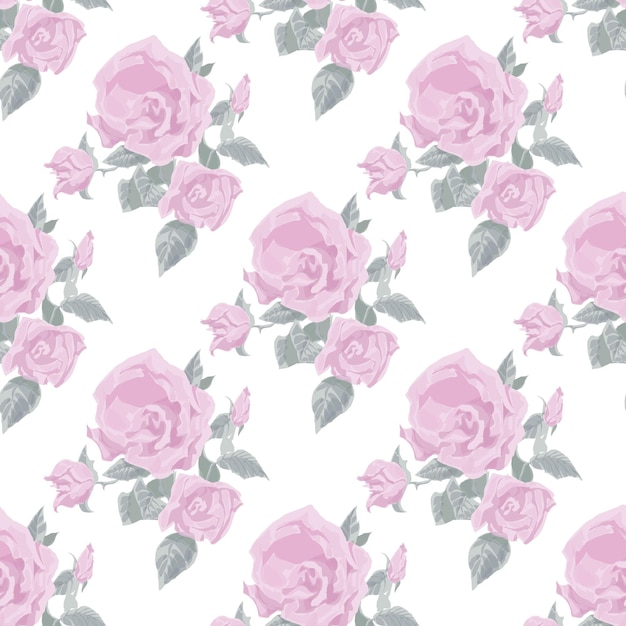 Pattern of pink roses on a white background in the style of handdrawing for print and design Vector