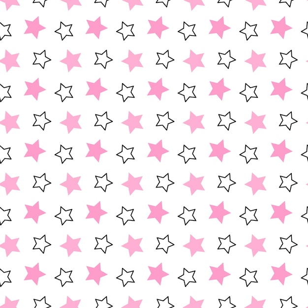 Pattern of pink stars and contour stars on white background