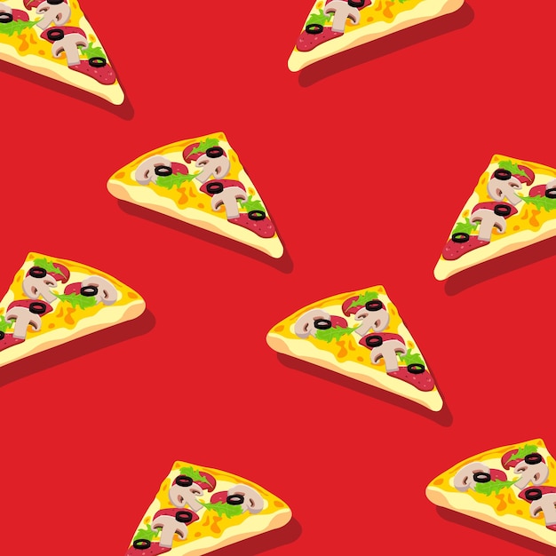 A pattern of pizza slices on a red background Fast Food BackgroundHand draw pizzaDoodle pizza seamless pattern background