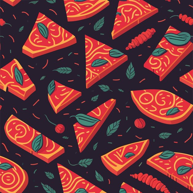 A pattern of pizzas with leaves and pepperoni on a dark background.