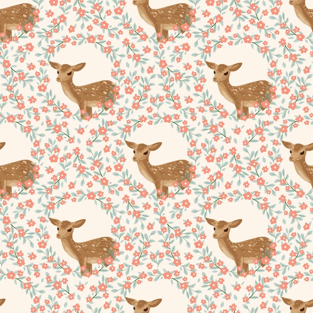 Pattern and print set with deer and floral Vector illustration