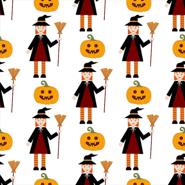 Pattern of pumpkin and witch on white background