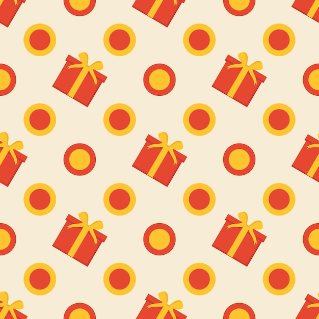 Pattern of red gift and circle on yellow