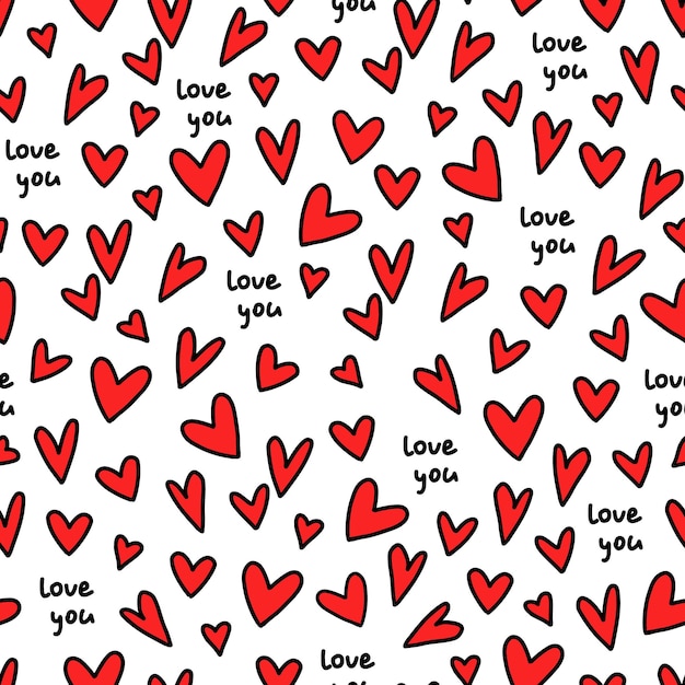 Vector a pattern of red hearts with the words love you on it.