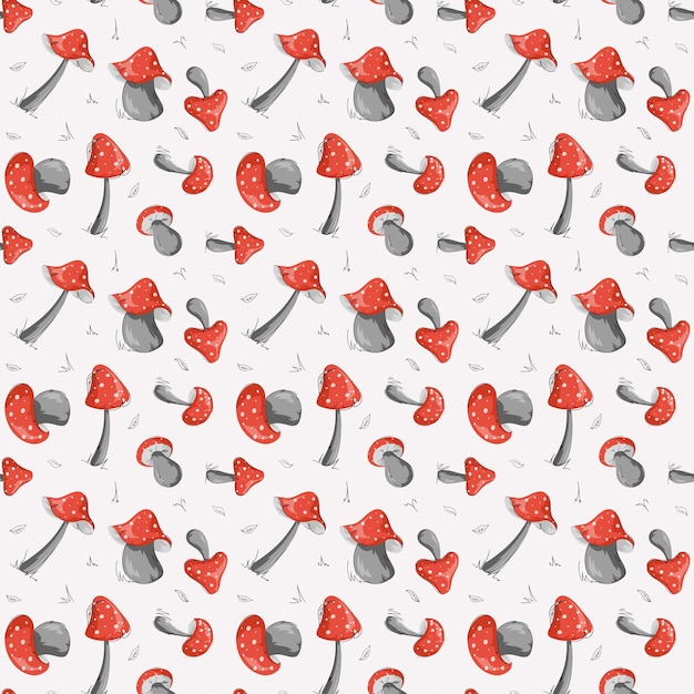 Pattern of red mushrooms on a white background. Cartoon design for use in textiles, baby items.