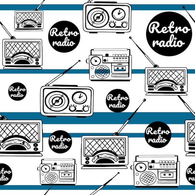 Pattern retro radio style doodle with blue stripes Old receiver with antenna catches radio waves