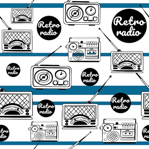 パターン レトロなラジオ スタイル落書きブルー ストライプ アンテナと古い受信機が電波をキャッチします