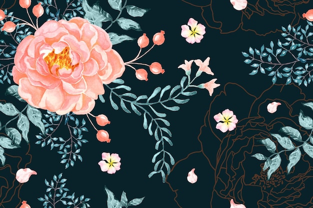 Pattern of rose and blooming flowers with watercolor for fabric and wallpaper.Botanical background